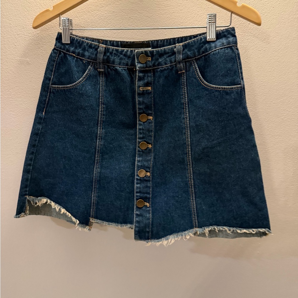 Nanani Women Dark Wash Button Front Denim Mini Skirt Frayed Hem Size M